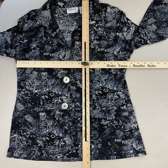 Chicos Travelers Shacket Top Size 1 Small Medium Blue Silver Metallic Paisley - Picture 6 of 12